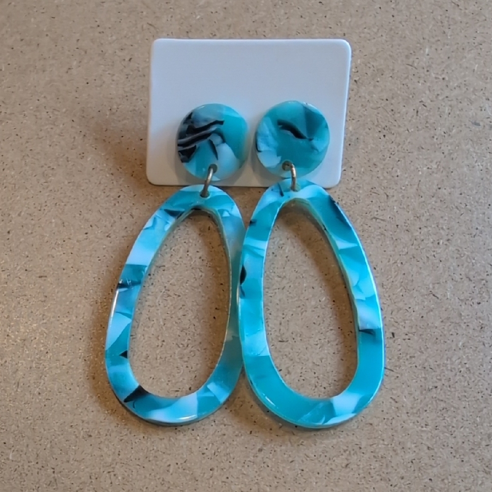 Teal and Black Oval Drop Earrings